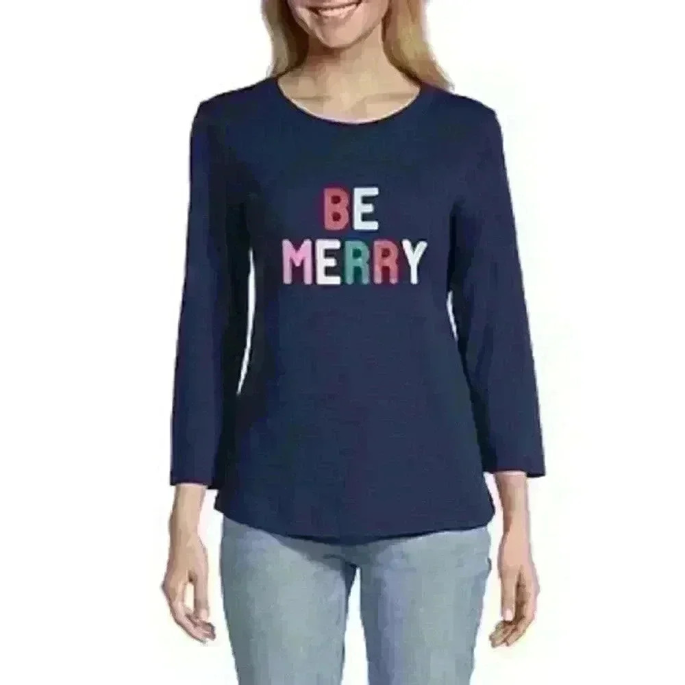 ST. JOHN'S BAY | Women's Navy Be Merry 3/4 Length Sleeve Crewneck Top
